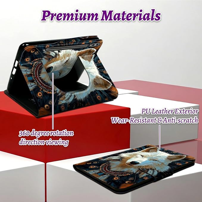 Rotating Handle Case for Samsung Tab S10 Ultra 2024/Galaxy S9 Ultra 2023 14.6", 360 Degree Swivel Kickstand with Magnetic Closure Shockproof Leather Protective Cover, Feathers White Wolf
