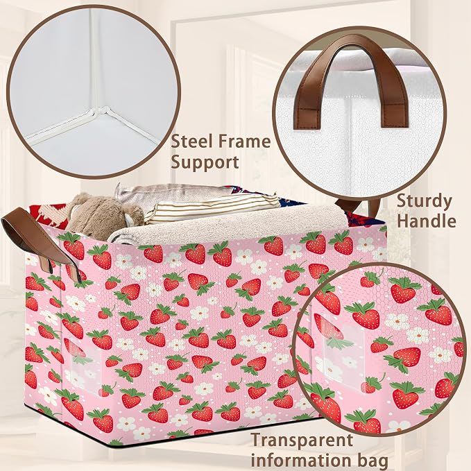 Pink Strawberry Collapsible Storage Bin - 17x11.5x10.5 Inch Foldable Organizer Basket for Nursery, Kids Room,Kitchen, Pantry, Home Decor - Single Pack No Lid Space-Saving