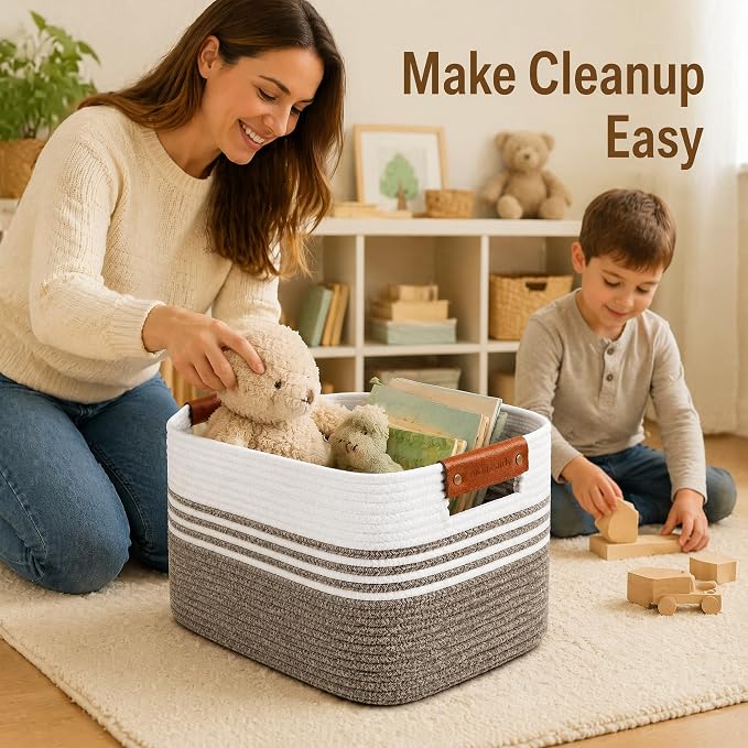Cotton Rope Laundry Basket Small, 12.8GAL Collapsible Woven Storage Baskets for Living Room Kids Toys Stuffed Animal,Boho Rectangular Decorative Short Hamper for Dirty Clothes, Blankets Dark Brown