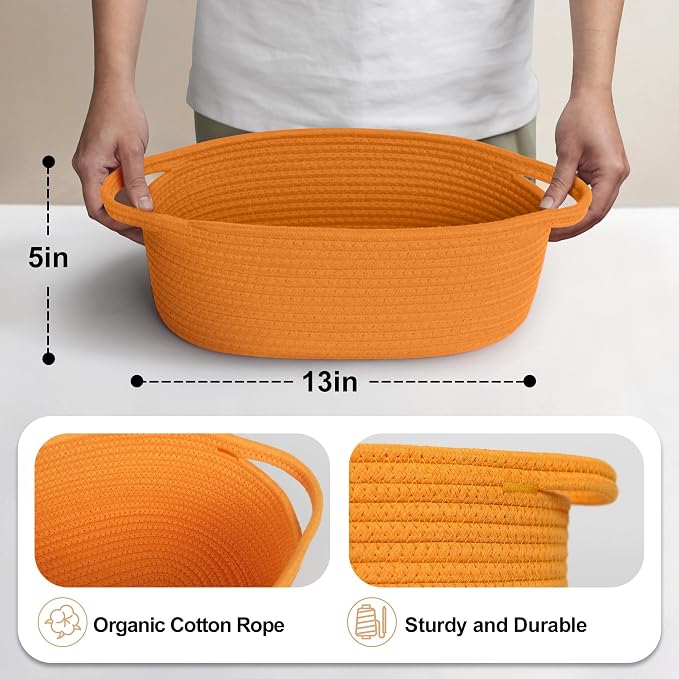 Orange Woven Basket, 13" x 9" x 5" Baskets for Gifts Empty, Cute Cotton Rope Cat Dog Toy Bin Box, Small Woven Bin for Shelves, Orange Room Decor, Nursery Baby Cloth Diaper Storage Organizer