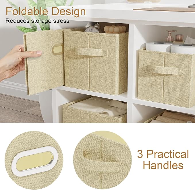 Storage Bins with Metal Grips,Grey and Beige,10.2x7.9x6.7in,2 Pack | Fabric Storage Baskets with Soft Cloth Handles,Thick PP Panel Wardrobe Containers,Wipeable Open Boxes for Closet Shelves