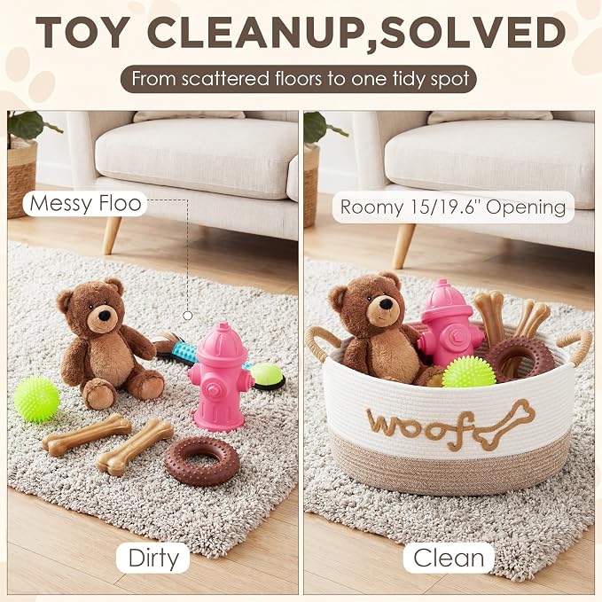 Zhehao Dog Woven Toy Basket with Handles, 19 x 11 x 9 in, White Flaxen | Cotton Rope Dog Toy Storage Bin, Pet Basket with Woof Bone Embroidery, for Puppy Bone & Blankets
