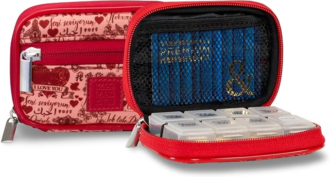 Made Easy Kit Pill Case for Everyday and Travel - 7-Day Weekly Medicine Supplement Vitamin Organizer Sorter Tracker - Neoprene Bag with Pockets - Compact Portable 8 Compartments (Red Love Language)