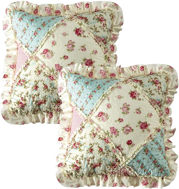 Brilliant Sunshine Pink & Green Roses Ruffle Pillowshams Set, 18"x18" | Patchwork Design with Ruffles, Quilted Pillow Covers, Washable Throw Cushion Cases for Couchs and Beds, Pack of 2