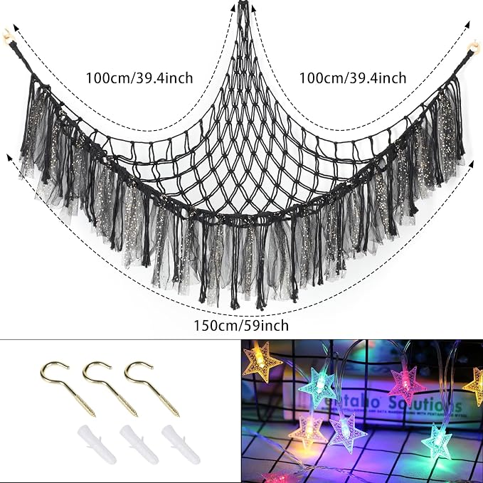 Stuffed Animal Hammock with LED Lights - 59 Inch Large Toy Storage Net for Kids Bedroom, Wall-Mounted Plush Organizer with Wooden Rings, Nursery Decor (Handwoven, Black)