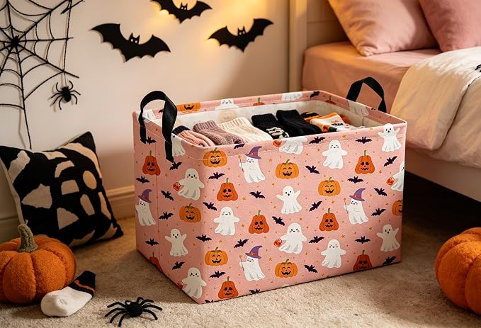 Rectangle Kids Baskets Hallowee Basket Pink Storage Bin Fish Box for Room Decor Gift Basket(Pink ghost)