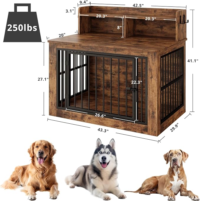 IRONCK 43.3" Extra Large Dog Crate Furniture with Storage Shelf | 10mm iron rods. Storage shelf and 4 hooks. 200 lb tabletop. 30"L x 43.3"W x 41.1"H indoor large crate