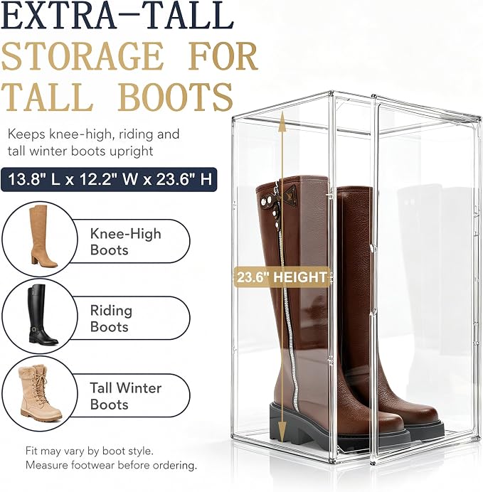 23.6'' Tall Boot & Shoe Boxes, Clear Dustproof Acrylic Display Case | 13.8'' x 12.2'' x 23.6'' tall display case for boots, upright handbags, dolls, figures and display storage,1 Pack