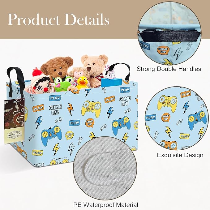 Rectangle Foldable Storage Basket Handles For Home, Color Game | Waterproof canvas material, reinforced handles, perfect for shelf use, organizes clothes, daily items and pet supplies