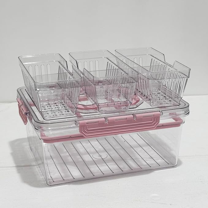 VECELO Ice‑Chilled Serving Tray with 3 Removable Draining Compartments, Cold Food Platter for Party Picnic Buffet,Pink