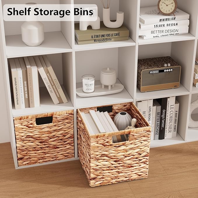 Vagusicc Wicker Storage Basket, Set of 2 Handwoven Water Hyacinth Storage Baskets for Organizing, 9 inch Foldable Storage Cubes with Handles for Laundry Organizer Bins for Bathroom Shelves & Decor