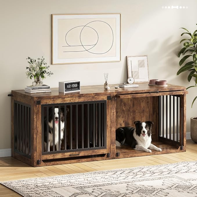 35" Wooden Dog Crate Furniture for Dogs up to 50 lbs, Medium Dog Kennel with Concealed Sliding Door, Heavy Duty Indoor Dog Cage with Safety Latch and Quiet Pads, Rustic Brown