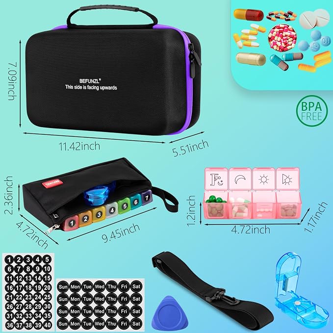 Monthly Pill Organizer, Medicine Organizer Box with Portable Hard Shell and Pill Cutter, 31 Day Pill Holder with Weekly Pill Bag (Purple, 4 Times a Day)