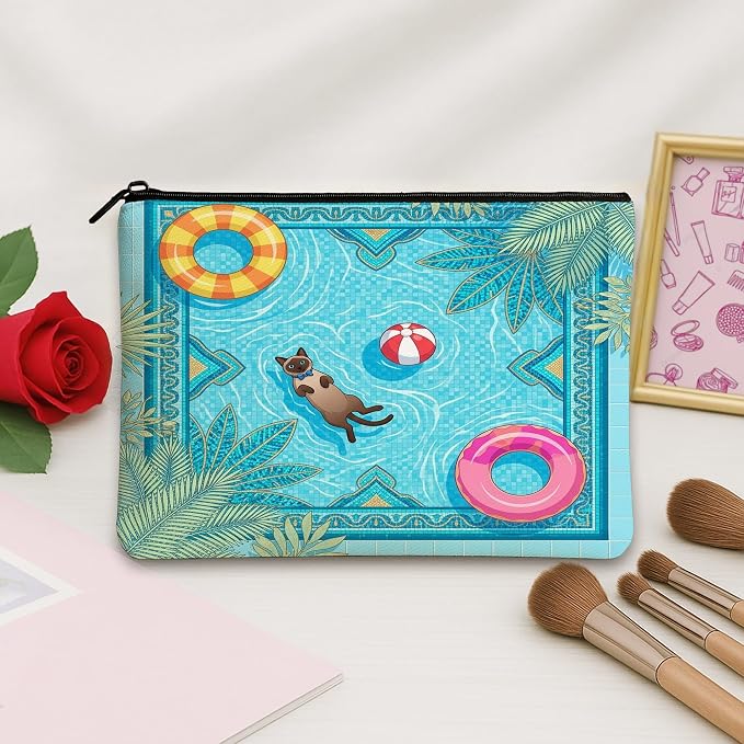 Siamese Cats Makeup Bag, Cute Pool Lifebuoys Tropical Cosmetic Travel Pouch for Women Girls, Portable Small Canvas Zipper Organizer, Pet Toiletry Bag 7x9 Inch