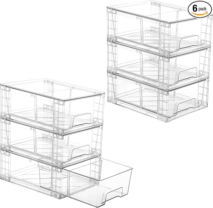 Vtopmart 6 Pack Stackable Storage Drawers,Clear Acrylic Drawer Organizers with Handles, Easily Assemble Containers for Fridge, Bathroom,Kitchen Undersink,Cabinet,Pantry Organization and Storage | Clear Drawer Organizers with Removable Dividers for Flex...