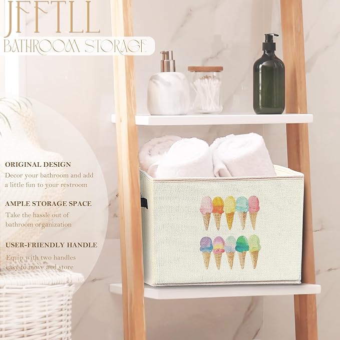 Summer Ice Cream Storage Bins with Handles, Ice Cream Lovers Gifts, Colorful Ice-Creams Collapsible Laundry Basket Storage Box for Home Bedroom Bathroom Clothes Toys Books