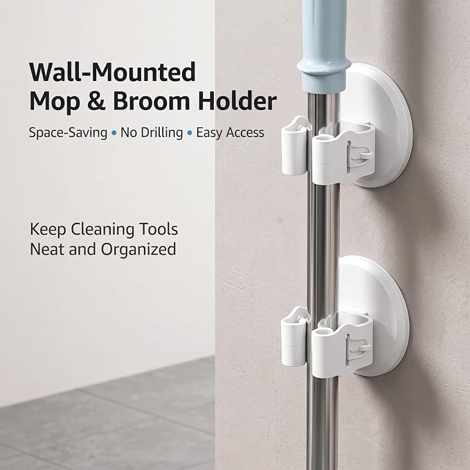 Broom Holder Wall Mount Adhesive 3 Pack Mop Holder Wall Mount, Broom Gripper, Broom and Mop Organizer Wall Hanging, No Drill Broom Hanger for Bathroom, Kitchen, Laundry Room, Garage Holds up to 4 lb