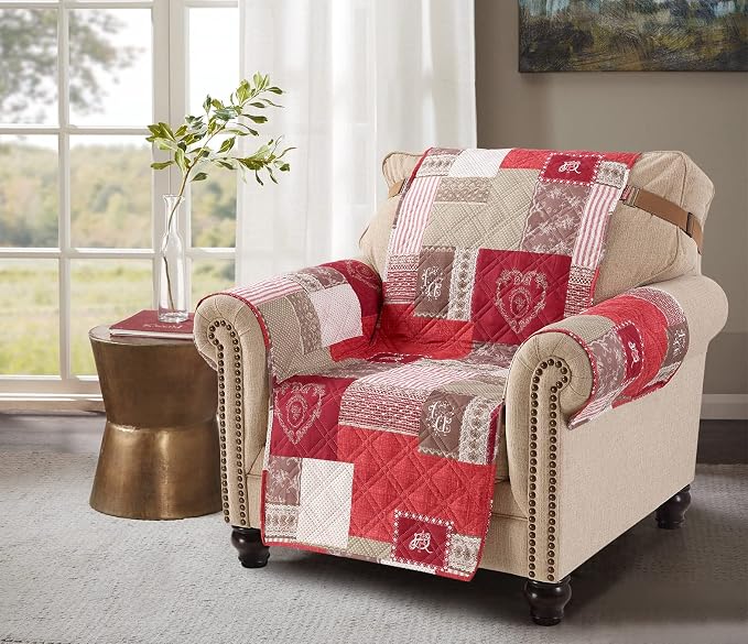 Brilliant Sunshine Burgundy Heart Love Couch Armchair Cover, 23" seat | Quilted Sofa Cover, Living Room & Bedroom Furniture Protector, Washable Chair Slipcover for Pets, Dogs & Cats