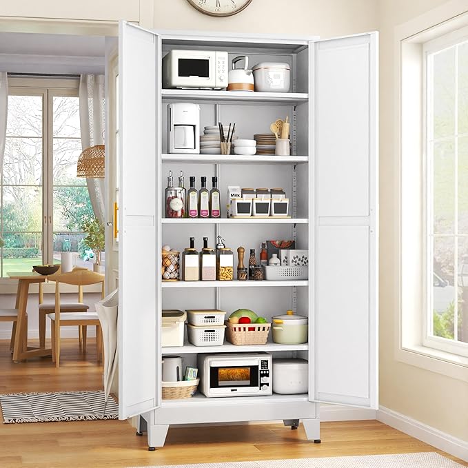 GAIOUS 75.2" Tall Pantry Cabinet,Kitchen Pantry Storage Cabinet with 2 Door | and 5 Adjustable Shelves, White Metal Pantry Storage Cabinet, Cupboard for Kitchen, Dining Room, Living Room and Bathroom