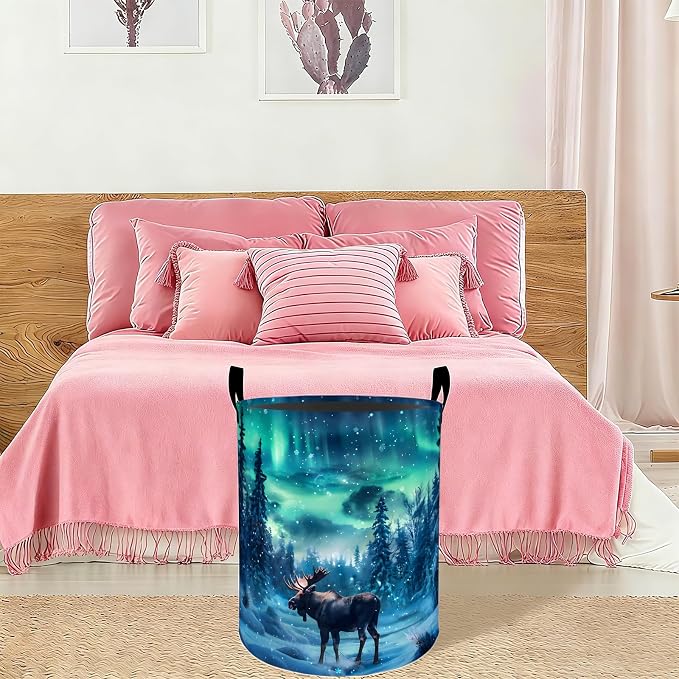 Northern Lights Moose Laundry Basket Hamper 19.7"x15.8", Organizer Bins Gifts for Kids Boys Girls, Snow Forest Animal Foldable Waterproof Oxford Clothes Storage Bucket for Bedroom Bathroom Decor