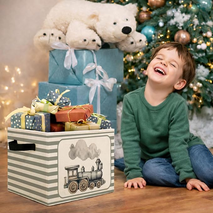 Train Storage Bin, Foldable Fabric Basket for Bedroom Nursery | Foldable fabric storage bin with vintage train design for toys, books, clothes, nursery, bedroom, and playroom organization.