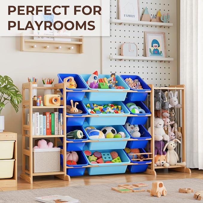 Toy Storage Organizer with Bookshelf and Stuffed Animal Storage - Kids Playroom Organization with Shelves and 12 Toy Bins - Toddler Living Room Toy Box for Lego - Nursery Bedroom Decor Essential