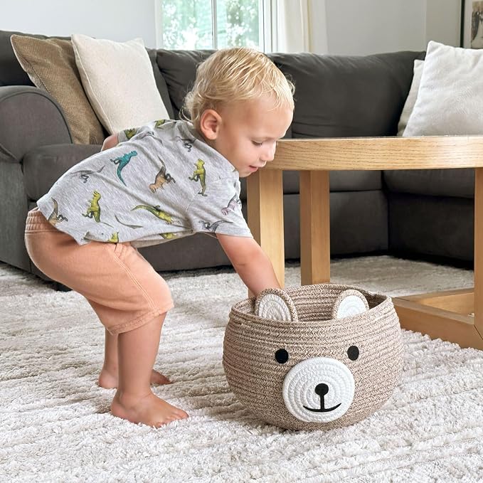 CherryNow Baby Basket for Gifts Empty, Cute Bear Design, Light Brown | 10.5" x 8.5" Baby Shower Basket for Kids Boys Newborn Storage, Toy Basket for Living Room Nursery Décor, Soft Cotton Rope