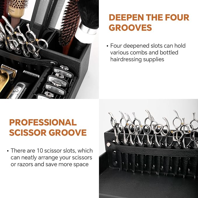 Barber Organizer Tray, 13.9 x 11.2 x 4.4 inch Adjustable Station for Clippers & Guards Scissors, Multifunctional Non-slip Barber&Salon Hair Tools Holder, with PU Leather Exterior Hairdressing Case