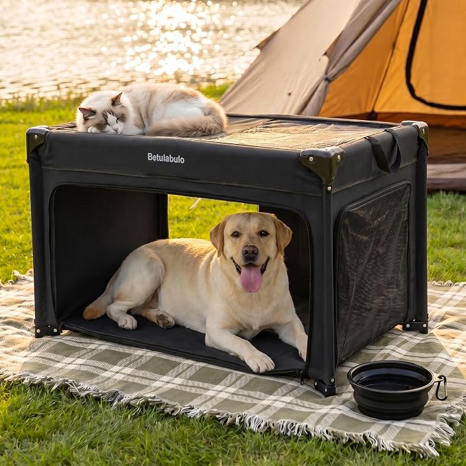 36 Inch Collapsible Travel Dog Crate, 4 Doors & Soft Pet Mat | Portable Dog Travel Crate for Medium Dogs,Large Storage Bag & Breathable Mesh,Soft Sided Dog Crate for Indoor & Outdoor Black