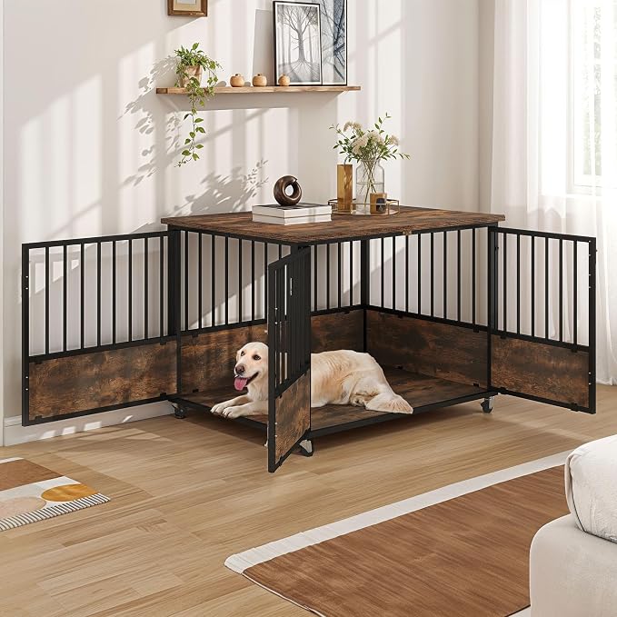 DWVO 43 Inch Dog Crate Furniture with Wheels & Double-Doors | Dog Kennel Indoor Furniture End Table, Farmhouse Decorative Wooden Dog Cage Table, Chew-Resistant, Rustic Brown