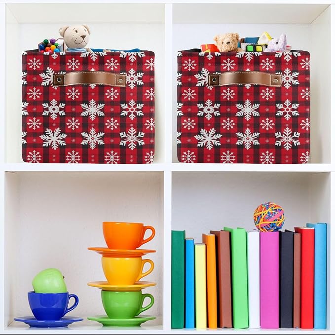 Christmas Red Buffalo Plaid Storage Basket with Waterproof Liner and PU Handles Winter Snowflake Checker Storage Bins Boxes 14.2" Collapsible Decorative Baskets for Bedroom Closet Office 1 Pack