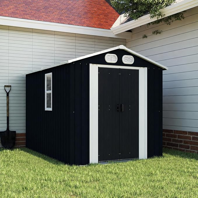 6x8 FT Outdoor Storage Shed, Metal Storage Shed with Lockable Doors & Air Vents, Heavy-Duty Storage Tool Shed for Backyard Garden Patio, Dark Grey