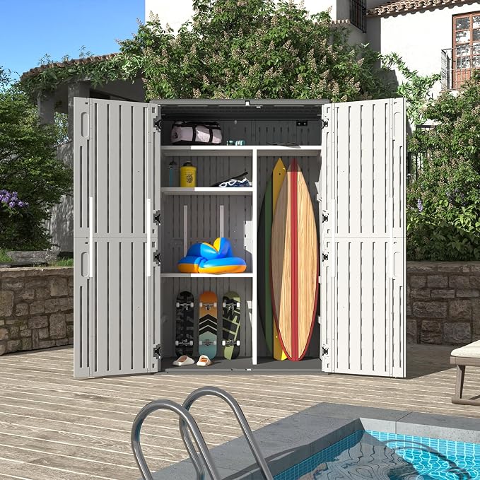 Aoxun 64 Cu.Ft Resin Storage Shed with Metal Shelving Kit & Floor, White | Vertical Waterproof Storage Cabinet for Garage, Pool, Bike, Garden Tools, Patio Furniture
