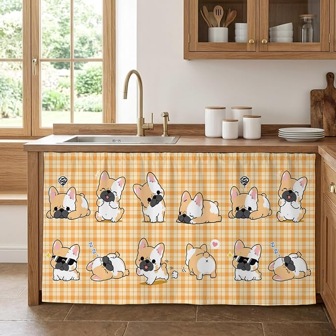 Cute Puppy Cabinet Curtains 28"x51" Sink Skirt for Bathroom Kitchen, Orange Beige Plaid Modern Funny Dogs Pet Self Stick Adhesive Under Desk Covers Tall Laundry Cabinet Storage Organizer