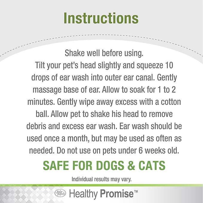 Four Paws Healthy Promise Grooming Soothing Pet Ear Wash Cleaner for Dogs and Cats, Odor Reducing & Itch Relief, 4 oz.
