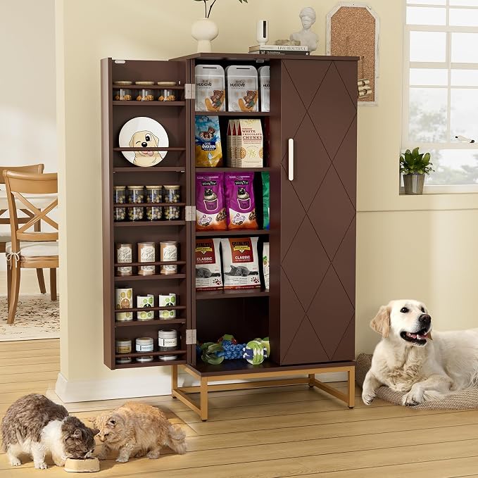 Saudism 51" Dog Food Storage Cabinet with Adjustable Shelves, Walnut | Freestanding Pet Storage Container Organizer for Living Room and Dinning Room