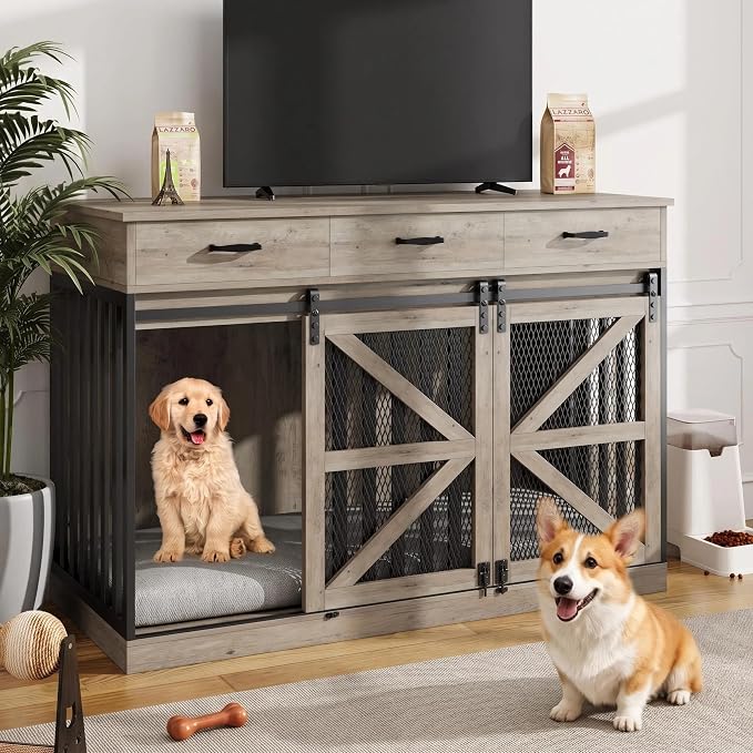 Spacesea Large Dog Crate Furniture with Sliding Barn Door, 48" Wooden Dog Kennel Indoor End Side Table for Home Decor, Removable Divider, 3 Drawers, Furniture Style Dog Crate TV Stand