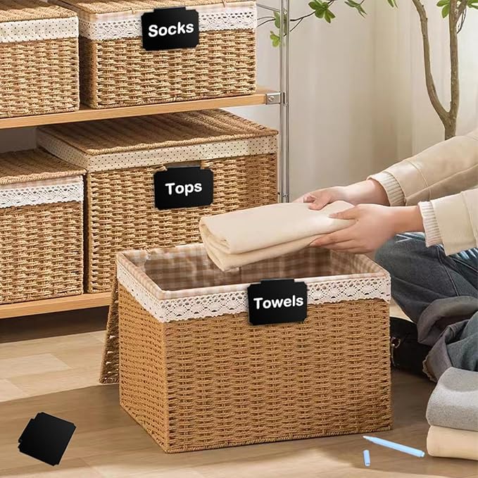 20 Basket Labels Clip On, Reusable Labels for Storage Bins, Removable Chalk Labels for Containers, Kitchen Closet Baskets and Storage Basket Holders with 2 White Chalk Markers