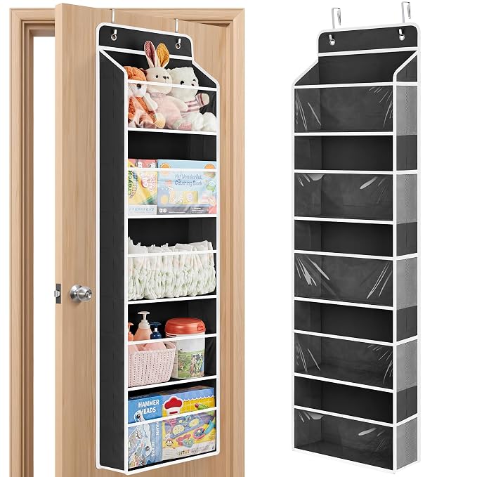 JARLINK Over The Door Toy Storage Organizer w/Clear Window, Black | Anti-Tilt 44 lb Load Capacity, Baby Toy Storage Organizer for Stuffed Animals, Nursery, Kid Bedroom, Newborn Baby Essentials
