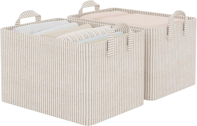 StorageWorks Fabric Storage Bins, Khaki and Beige Stripes, 2-Pack | With Reinforced Handles, Metal Frame, Sturdy Structure, Collapsible, for Closet, Shelves, Holds Clothes, Towels, Blankets