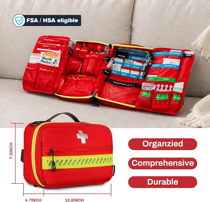 RHINO RESCUE Organized First Aid Kit, Labeled Medical Kit Fully Stocked | Labeled Storage Space with Zip Stitch Wound Closure, Ideal for Car, Travel, Hiking, Home, Businesses, HSA/FSA Approved(Large)