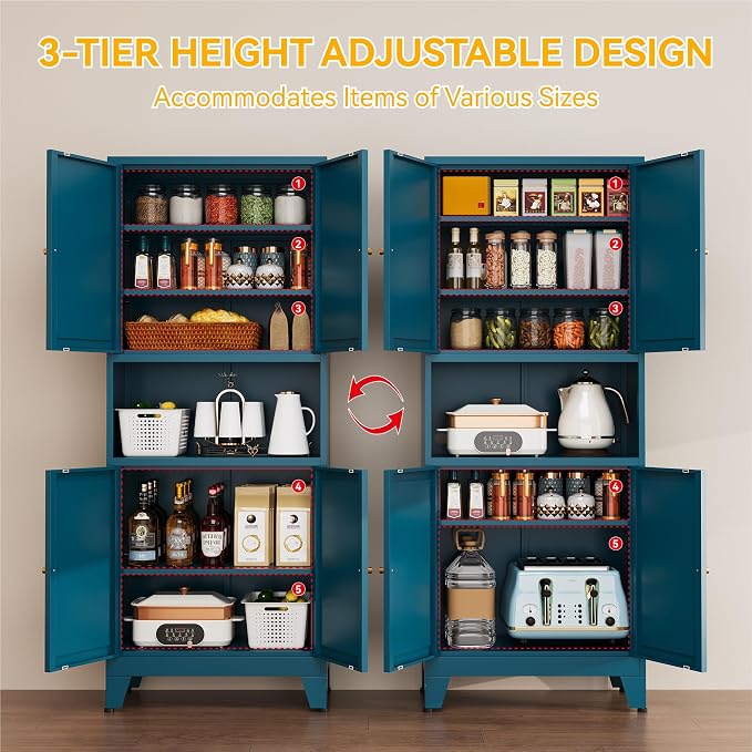 YAUWOH 69" Tall Metal Pantry Cabinet with Microwave Shelf, 4 Doors & 3 Adjustable Shelves, 120LBS Per Shelf Heavy Duty Storage Cabinet with Anti-Tip Design for Kitchen,Dining Room (1PC,Blue)