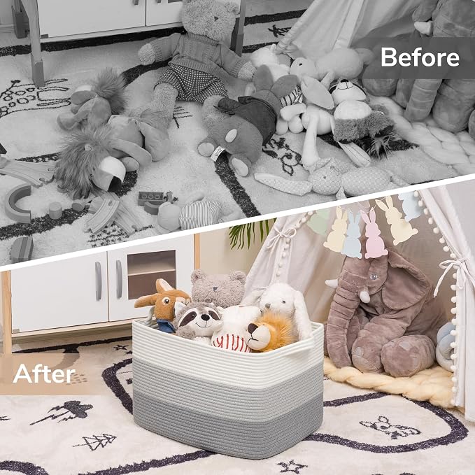 Goodpick 50L Large Woven Storage Basket, 18" x 14" x 12", Gradient Gray | Stylish Gift Basket for Home Decor, Cotton Rope Baskets for Toys & Nursery Essentials, Living Room & Bedroom Organization