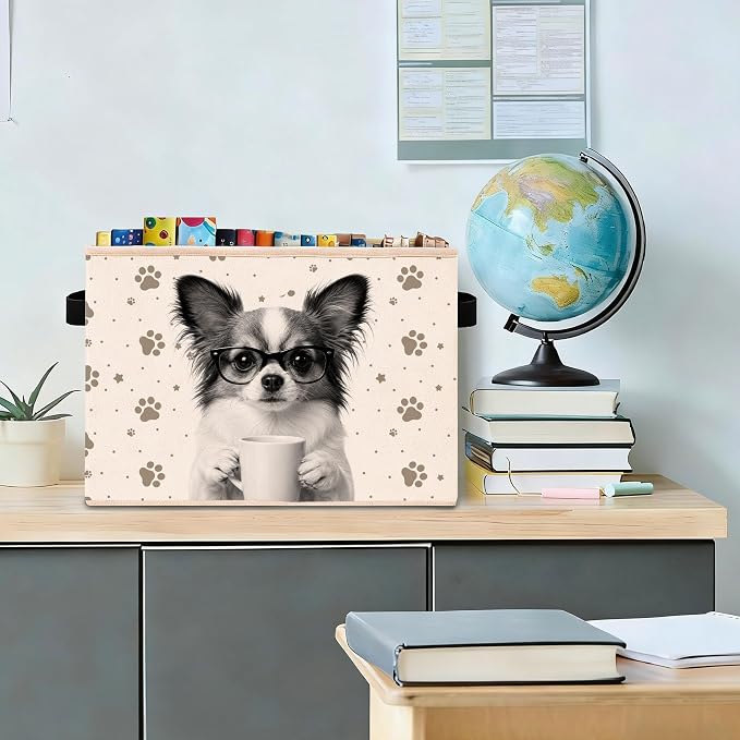 Chihuahua Coffee Storage Bin, Foldable Fabric Organizer Basket | Cute chihuahua coffee storage bin with glasses dog artwork, paw print background, foldable design and handles.