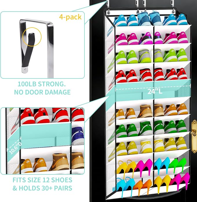 Heavy-Duty over the Door Shoe Organizer, Extra-Wide Large, Holds 30 Pairs & Supports 100lbs, with Reinforced Grommets & Bamboo Rods, Fits Men's Size 12 & Boots, White