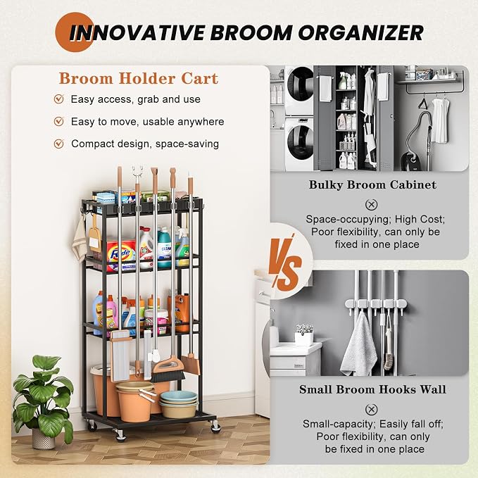 Olakee Taller Broom Holder with Cleaning Supplies Organizer, Broom Closet Storage Cabinet with Mop Hanger Gripper Rack Hooks, Housekeeping Janitorial Cart with Cleaning Caddy, Garage Home Improvement