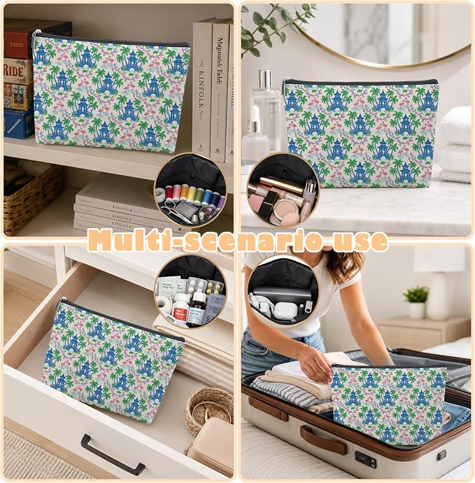 Chinoiserie Coastal Flamingo Empty Mahjong Tile Bag 13x7.8 Inch | Preppy Beach Printed Portable Travel Case Organizer Zipper Pouch for American Mahjong Tiles Game Night Accessories and Gifts