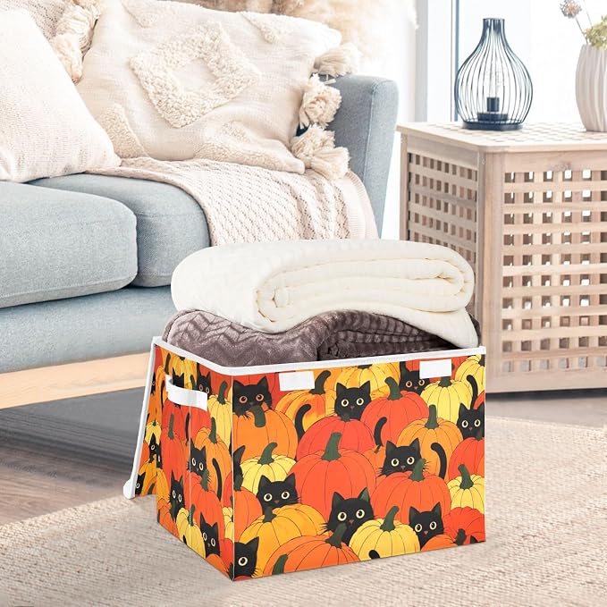 Pumpkin Cat Fabric Storage Bins with Lid Foldable Storage Boxes 40L Baskets | Foldable & Stackable, Flip Top Dust Guard, Reinforced Handles, Home & Bedroom, Clothes & Toys, Oxford Print Basket