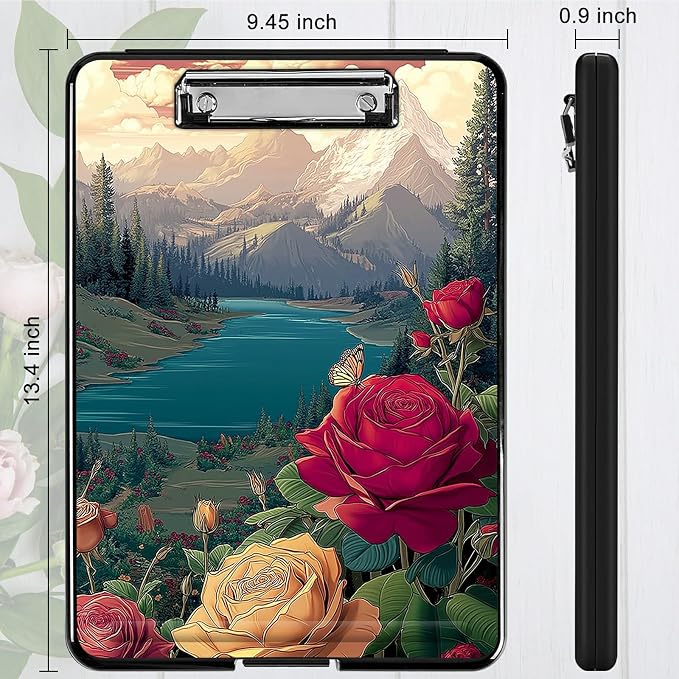 Heavy Duty Storage Clipboard, Slim Nursing Clipboard with Internal Pen Case, Portable File Organizer Case for A4 Letter Size Paper Office Medical Professionals, Rose Mountain Clouds