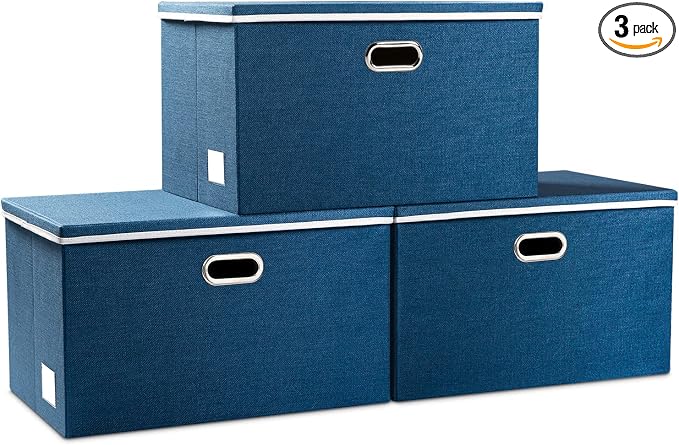 Extra Large Collapsible Storage Bins with Lids [3-Pack] Linen Fabric Foldable Storage Baskets Boxes Organizer Containers Cube with Cover for Bedroom Closet Office Nursery (22.8x15.75x13.8)